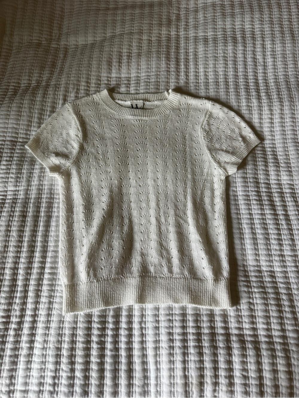 Worthington Cream Pointelle Open Knit Sweater Top Small Short Sleeve Crochet